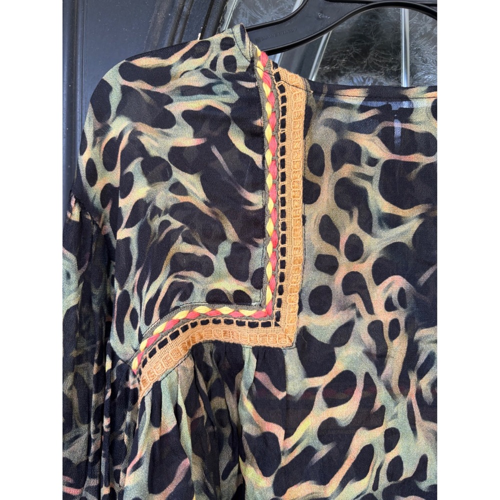 Blank London Womens XS Leopard Print Boho Blouse Crochet Trim Balloon Sleeve Top - Picture 2 of 12